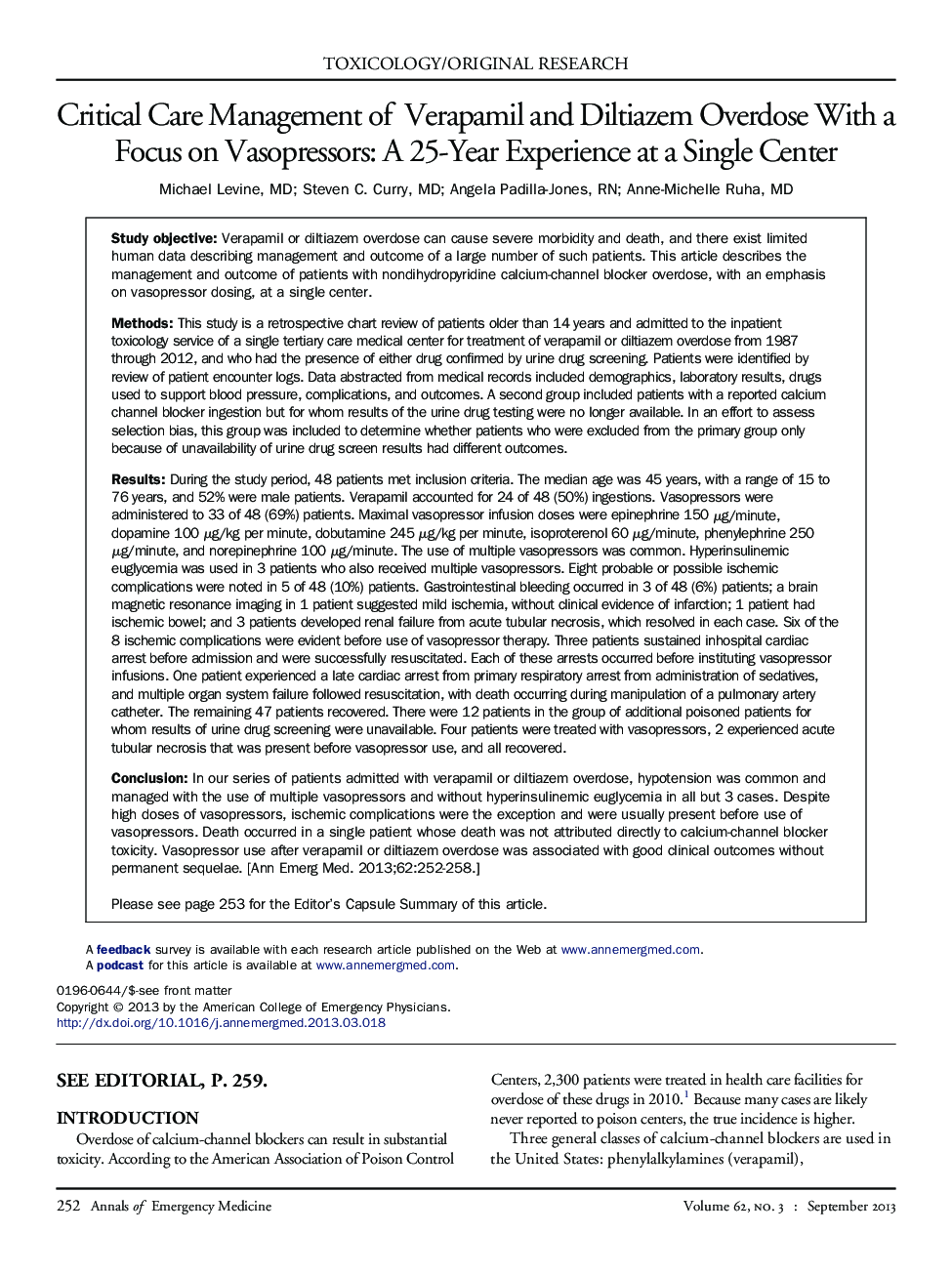 Toxicology/original researchCritical Care Management ofVerapamil and Diltiazem Overdose With a Focus on Vasopressors: A 25-Year Experience at a Single Center