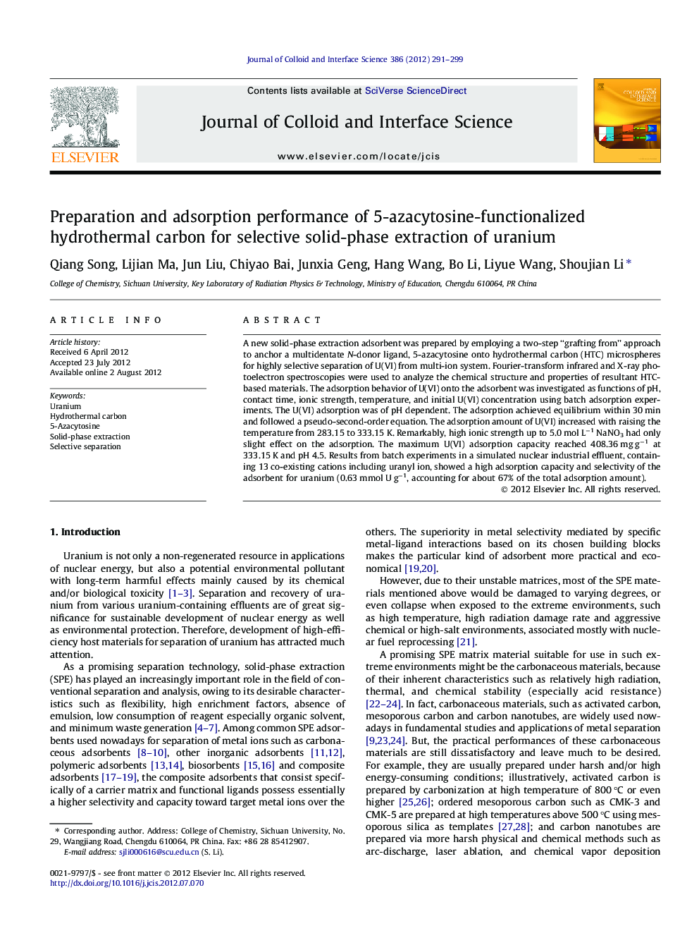 Preparation and adsorption performance of 5-azacytosine-functionalized hydrothermal carbon for selective solid-phase extraction of uranium