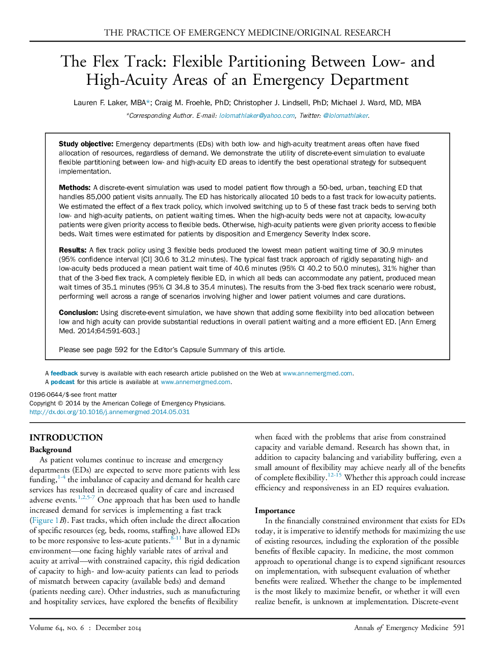 The practice of emergency medicine/original researchThe Flex Track: Flexible Partitioning Between Low- and High-Acuity Areas of an Emergency Department