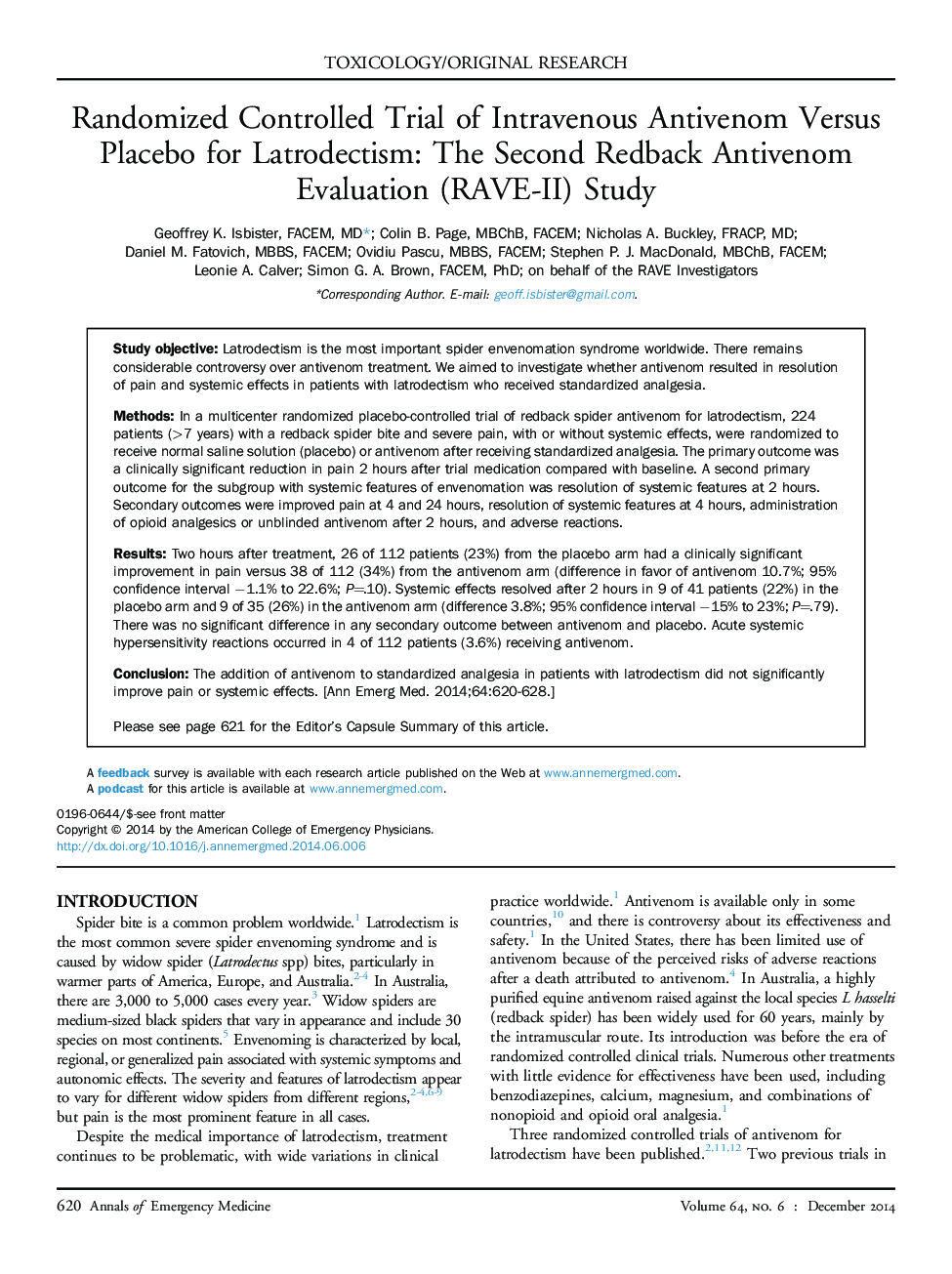 Randomized Controlled Trial of Intravenous Antivenom Versus Placebo for Latrodectism: The Second Redback Antivenom Evaluation (RAVE-II) Study