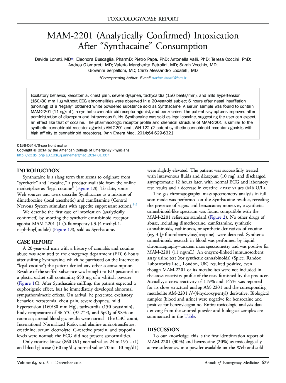 MAM-2201 (Analytically Confirmed) Intoxication After “Synthacaine” Consumption 