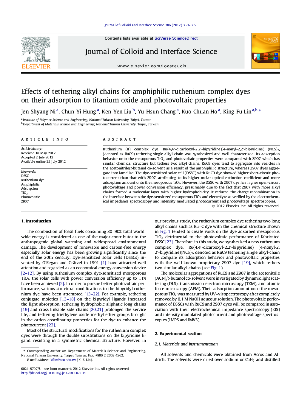 Effects of tethering alkyl chains for amphiphilic ruthenium complex dyes on their adsorption to titanium oxide and photovoltaic properties