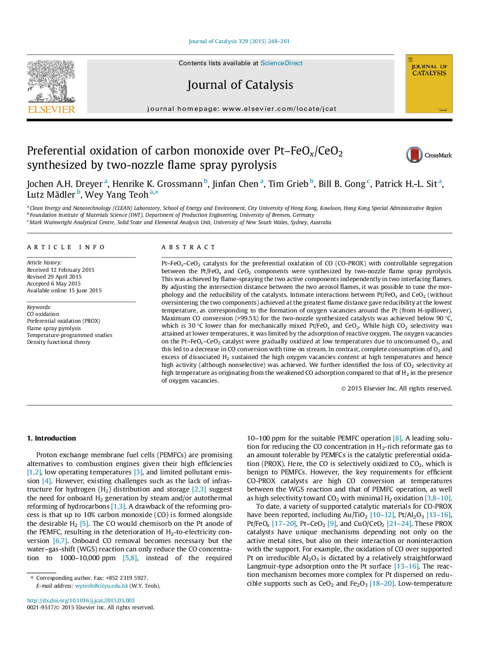 Preferential oxidation of carbon monoxide over Pt–FeOx/CeO2 synthesized by two-nozzle flame spray pyrolysis