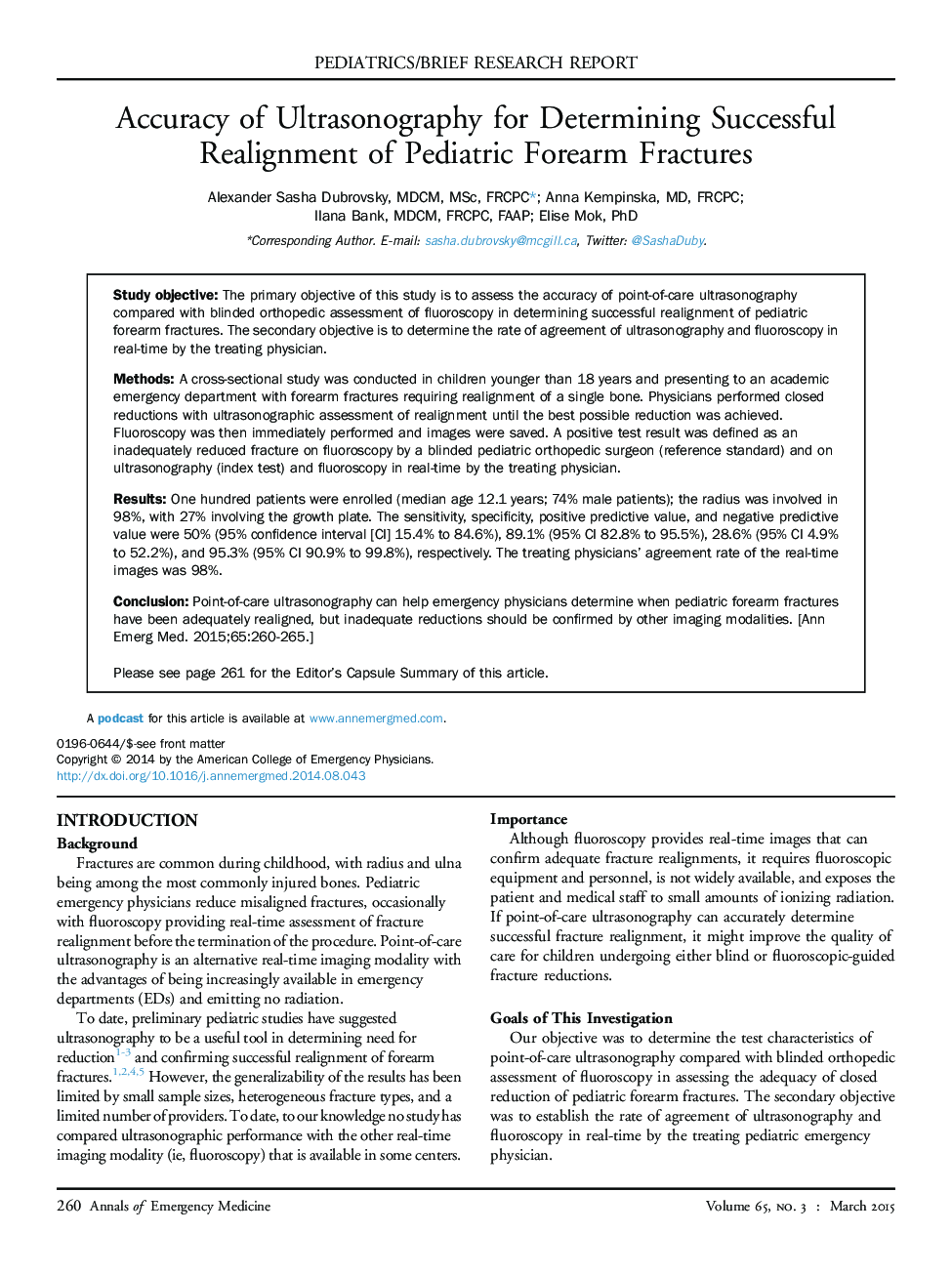 Accuracy of Ultrasonography for Determining Successful Realignment of Pediatric Forearm Fractures