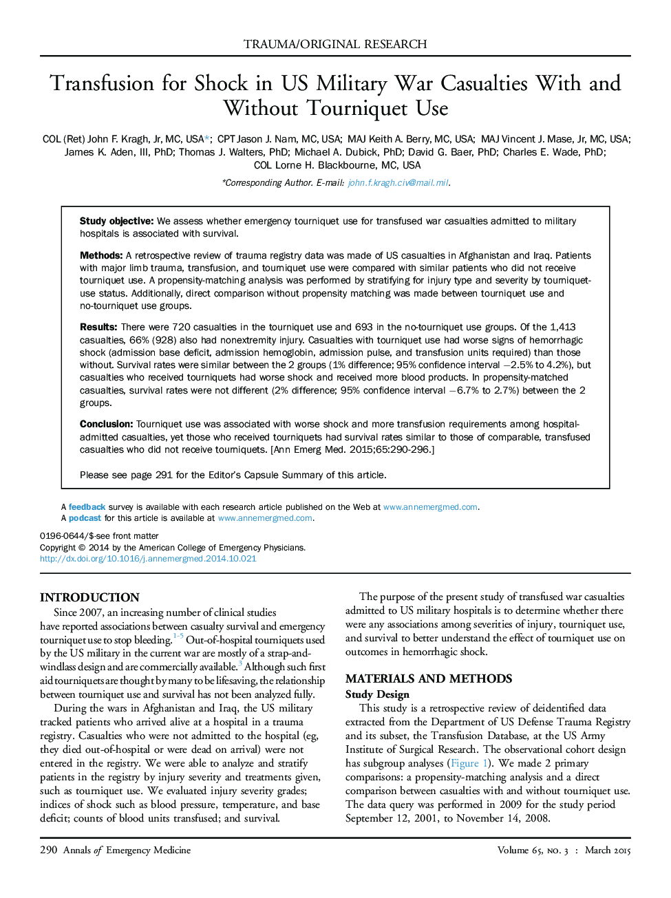 Transfusion for Shock in US Military War Casualties With and Without Tourniquet Use