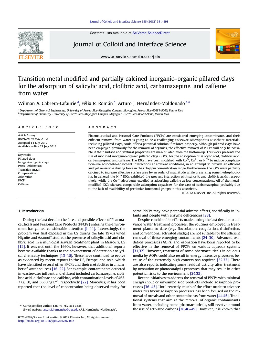 Transition metal modified and partially calcined inorganic–organic pillared clays for the adsorption of salicylic acid, clofibric acid, carbamazepine, and caffeine from water