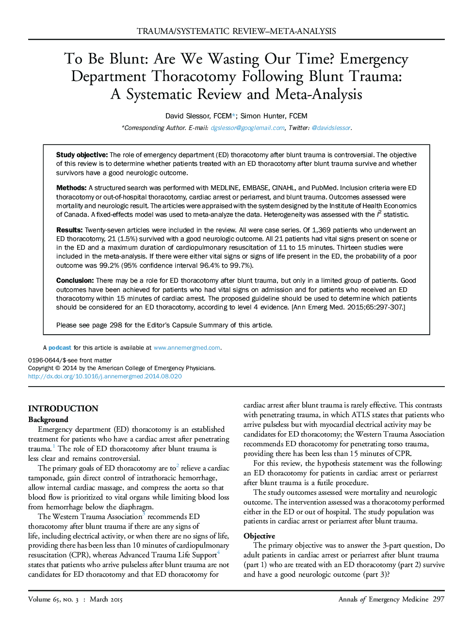 Trauma/systematic review-meta-analysisTo Be Blunt: Are We Wasting Our Time? Emergency Department Thoracotomy Following Blunt Trauma: A Systematic Review and Meta-Analysis