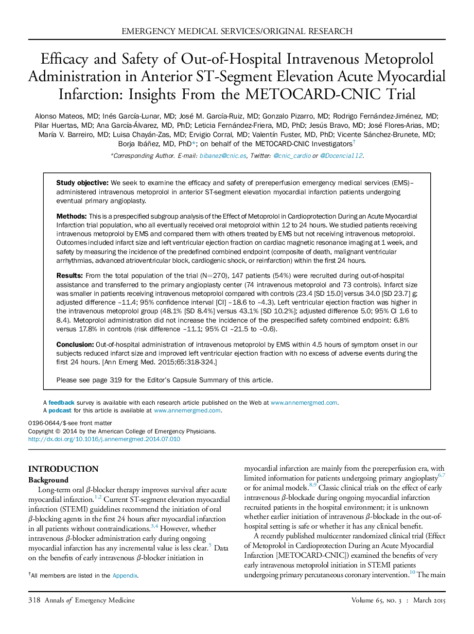 Efficacy and Safety of Out-of-Hospital Intravenous Metoprolol Administration in Anterior ST-Segment Elevation Acute Myocardial Infarction: Insights From the METOCARD-CNIC Trial