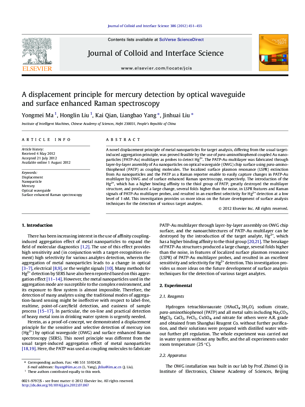 A displacement principle for mercury detection by optical waveguide and surface enhanced Raman spectroscopy