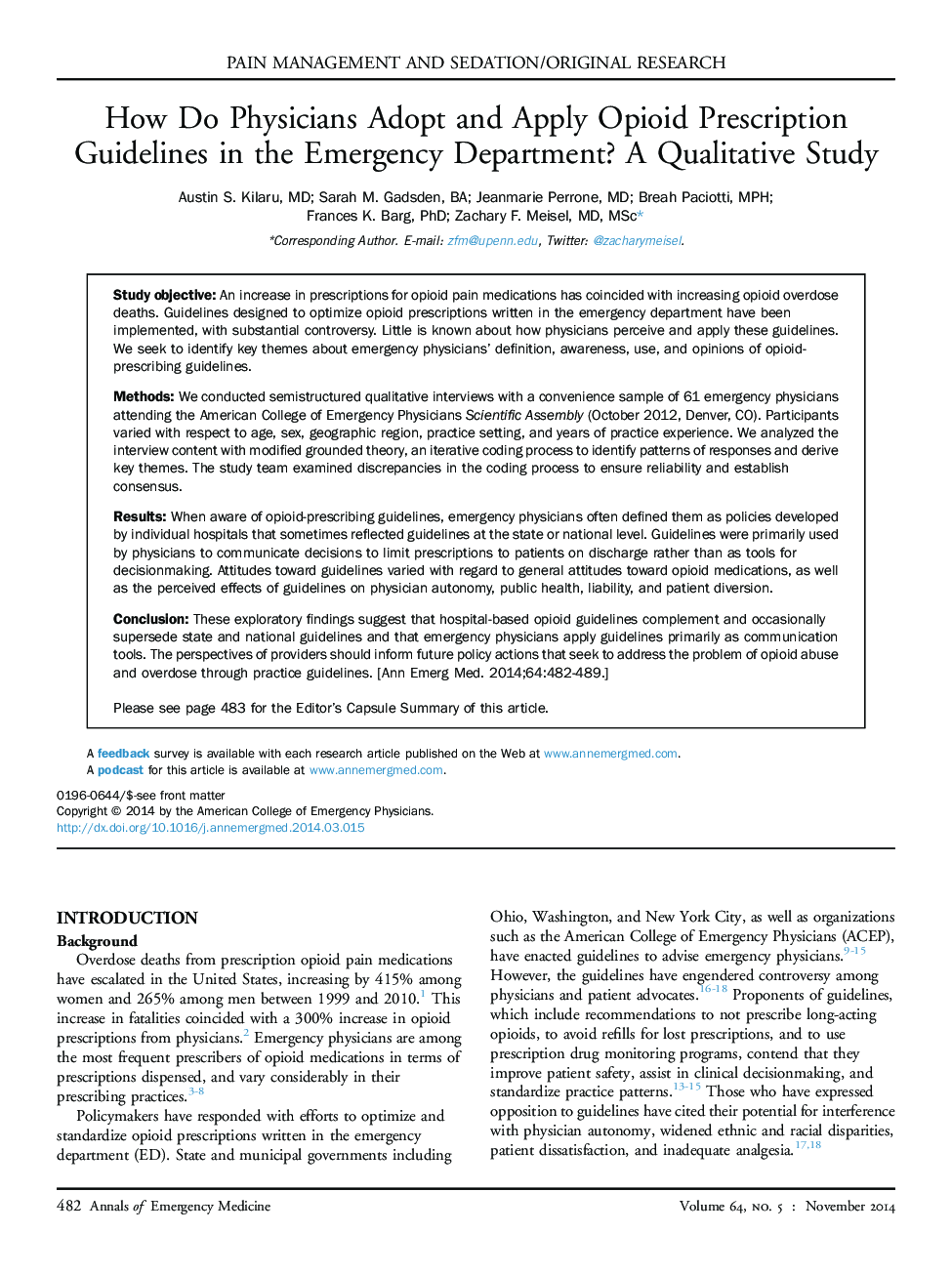 Pain management and sedation/original researchHow Do Physicians Adopt and Apply Opioid Prescription Guidelines in the Emergency Department? A Qualitative Study