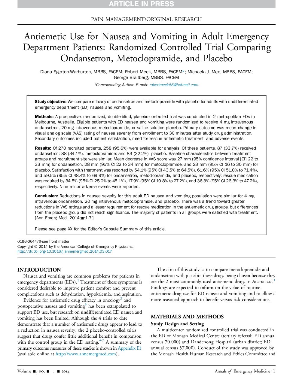 Antiemetic Use for Nausea and Vomiting in Adult Emergency Department Patients: Randomized Controlled Trial Comparing Ondansetron, Metoclopramide, and Placebo