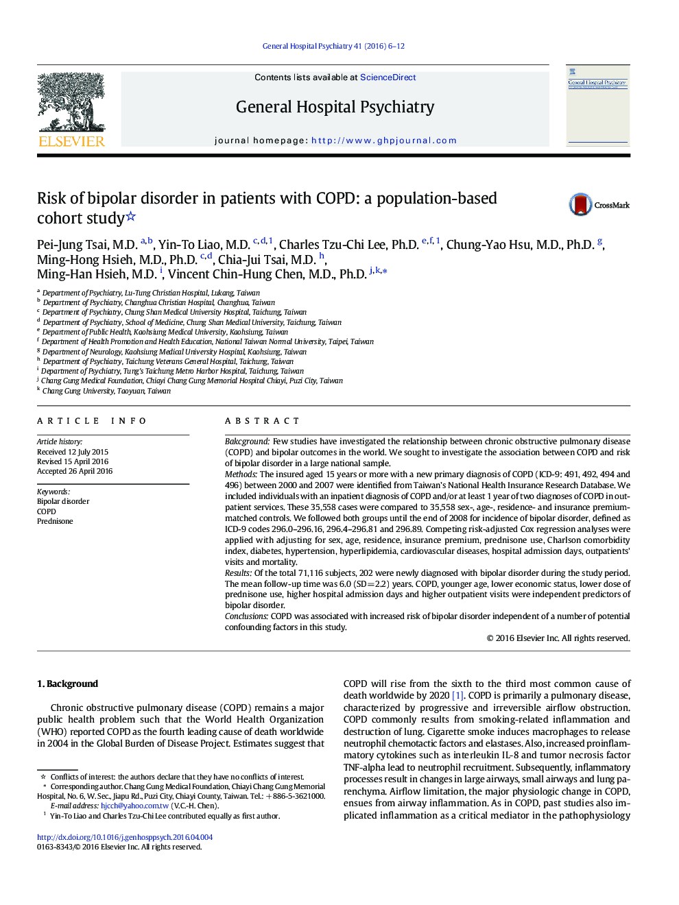 Research PaperRisk of bipolar disorder in patients with COPD: a population-based cohort study