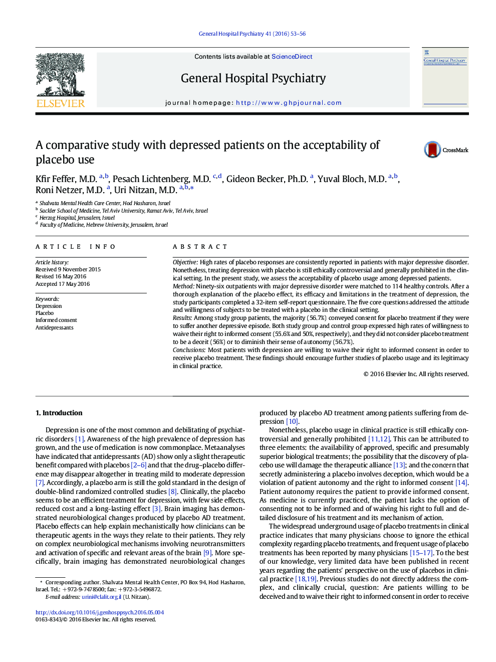 A comparative study with depressed patients on the acceptability of placebo use