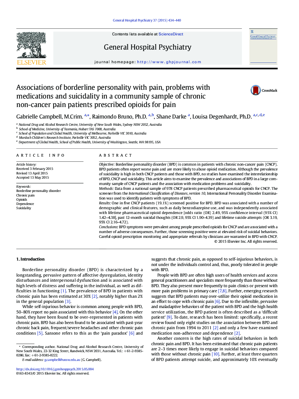 Associations of borderline personality with pain, problems with medications and suicidality in a community sample of chronic non-cancer pain patients prescribed opioids for pain