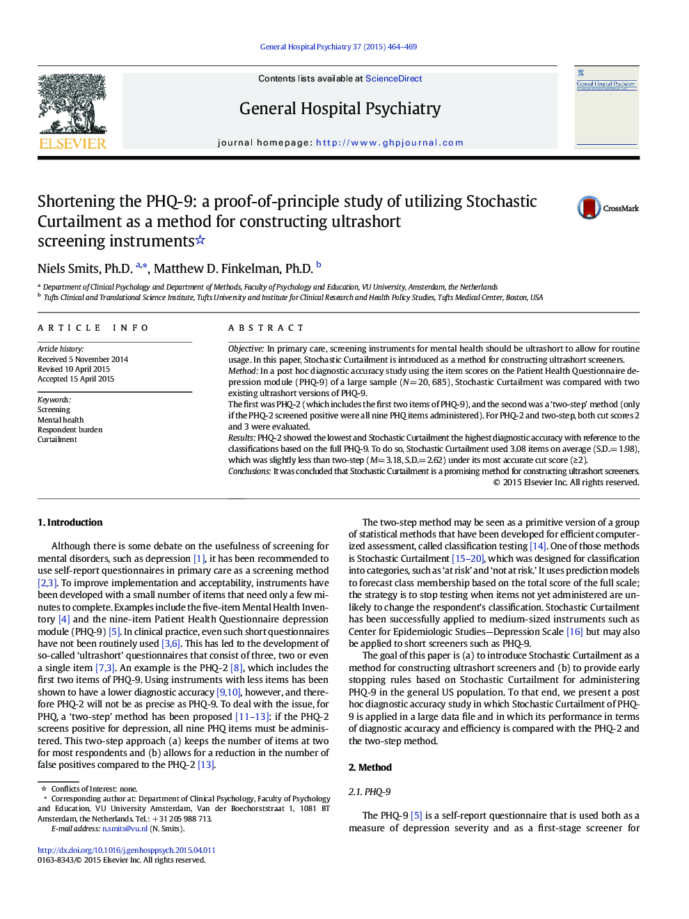 Shortening the PHQ-9: a proof-of-principle study of utilizing Stochastic Curtailment as a method for constructing ultrashort screening instruments