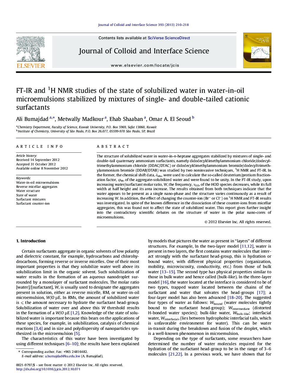 FT-IR and 1H NMR studies of the state of solubilized water in water-in-oil microemulsions stabilized by mixtures of single- and double-tailed cationic surfactants