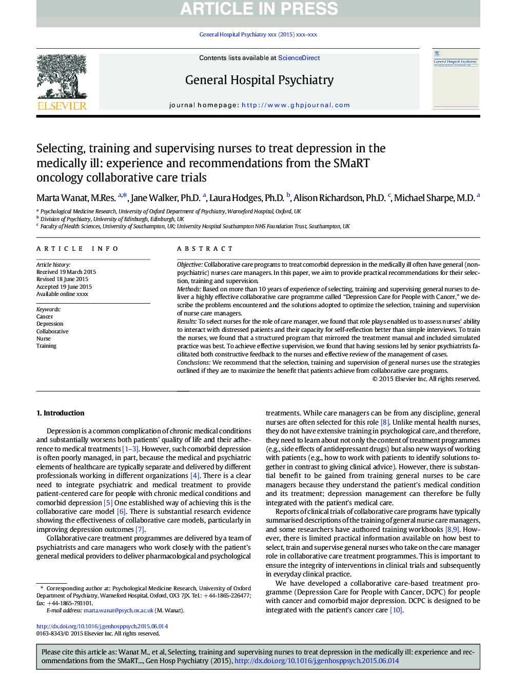 Selecting, training and supervising nurses to treat depression in the medically ill: experience and recommendations from the SMaRT oncology collaborative care trials