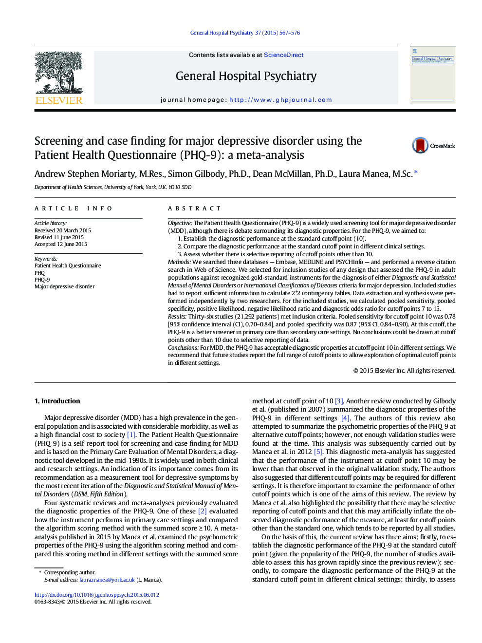 Primary Care-PsychiatryScreening and case finding for major depressive disorder using the Patient Health Questionnaire (PHQ-9): a meta-analysis