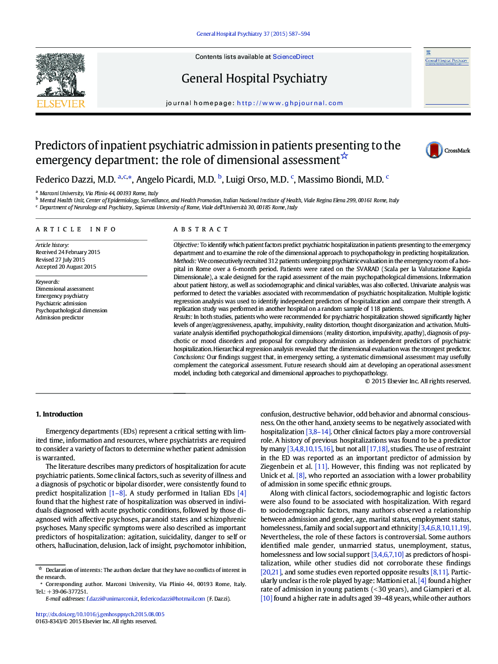 Emergency Psychiatric in the General HospitalPredictors of inpatient psychiatric admission in patients presenting to the emergency department: the role of dimensional assessment