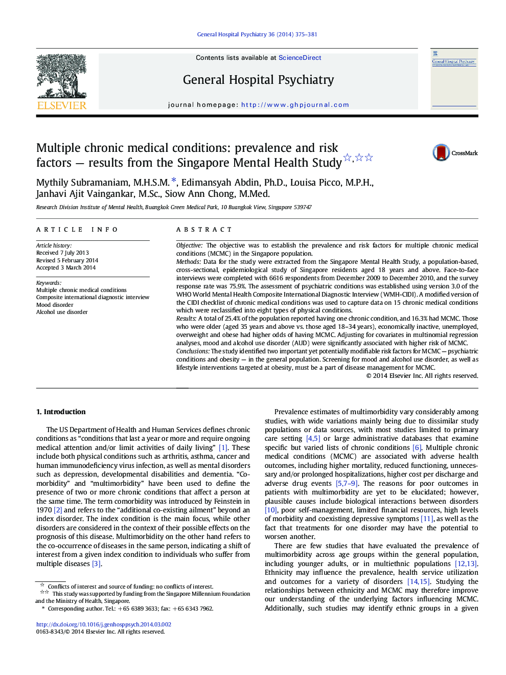 Psychiatric-Medical ComorbidityMultiple chronic medical conditions: prevalence and risk factors - results from the Singapore Mental Health Study