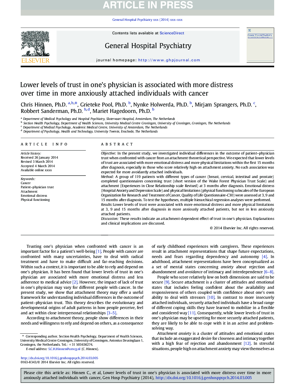 Lower levels of trust in one's physician is associated with more distress over time in more anxiously attached individuals with cancer