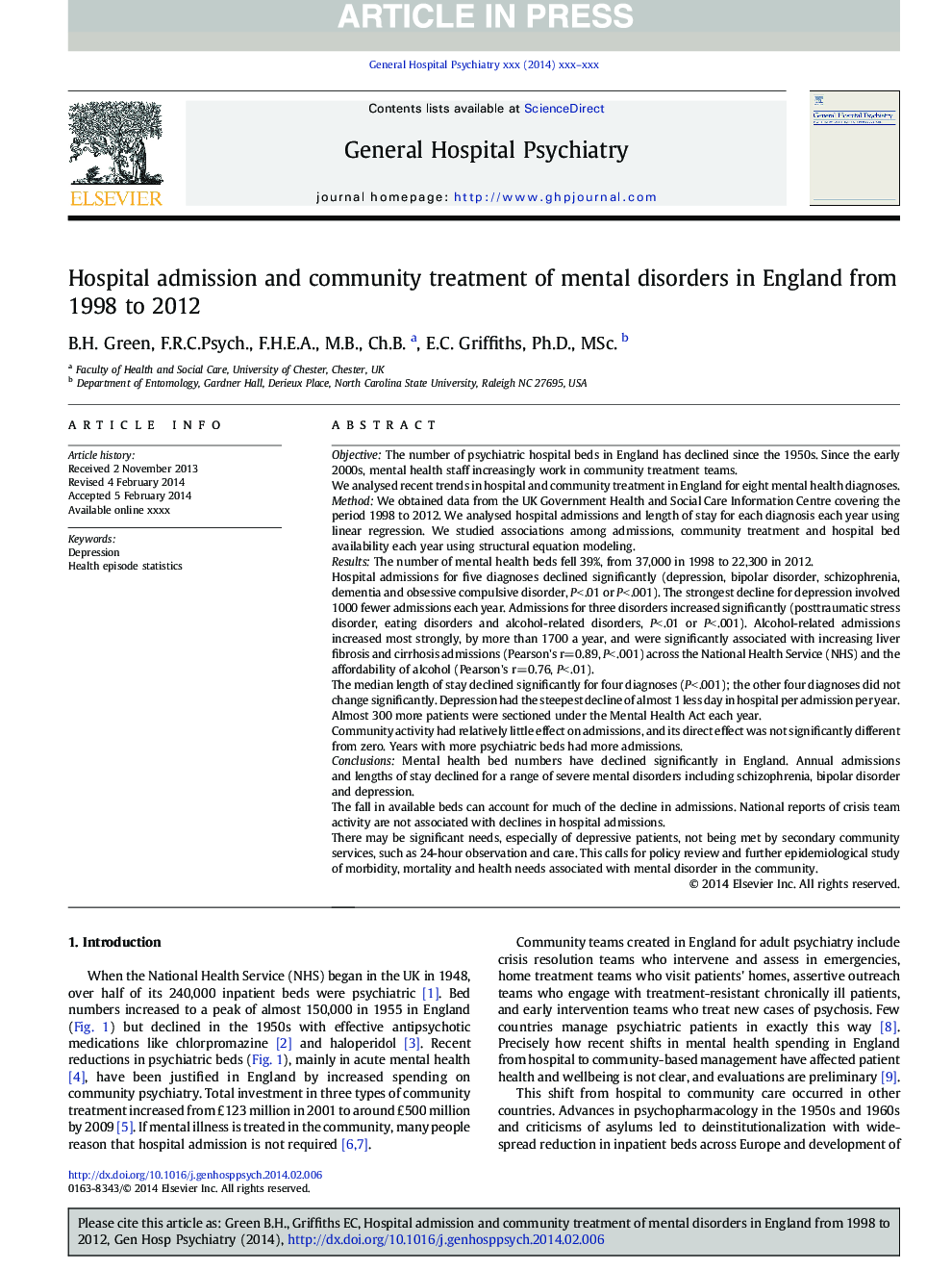 Hospital admission and community treatment of mental disorders in England from 1998 to 2012