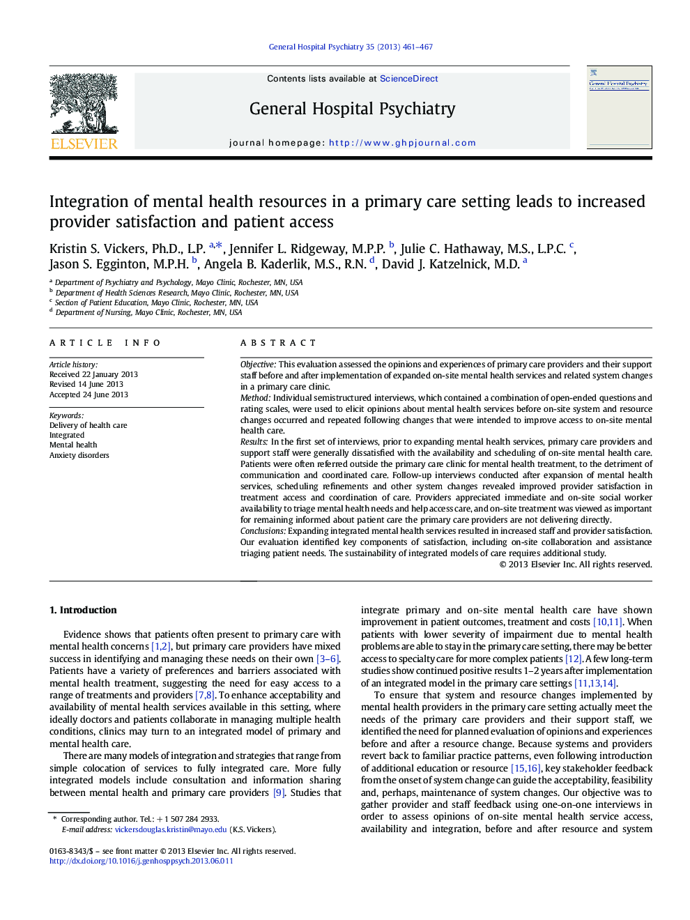 Integration of mental health resources in a primary care setting leads to increased provider satisfaction and patient access