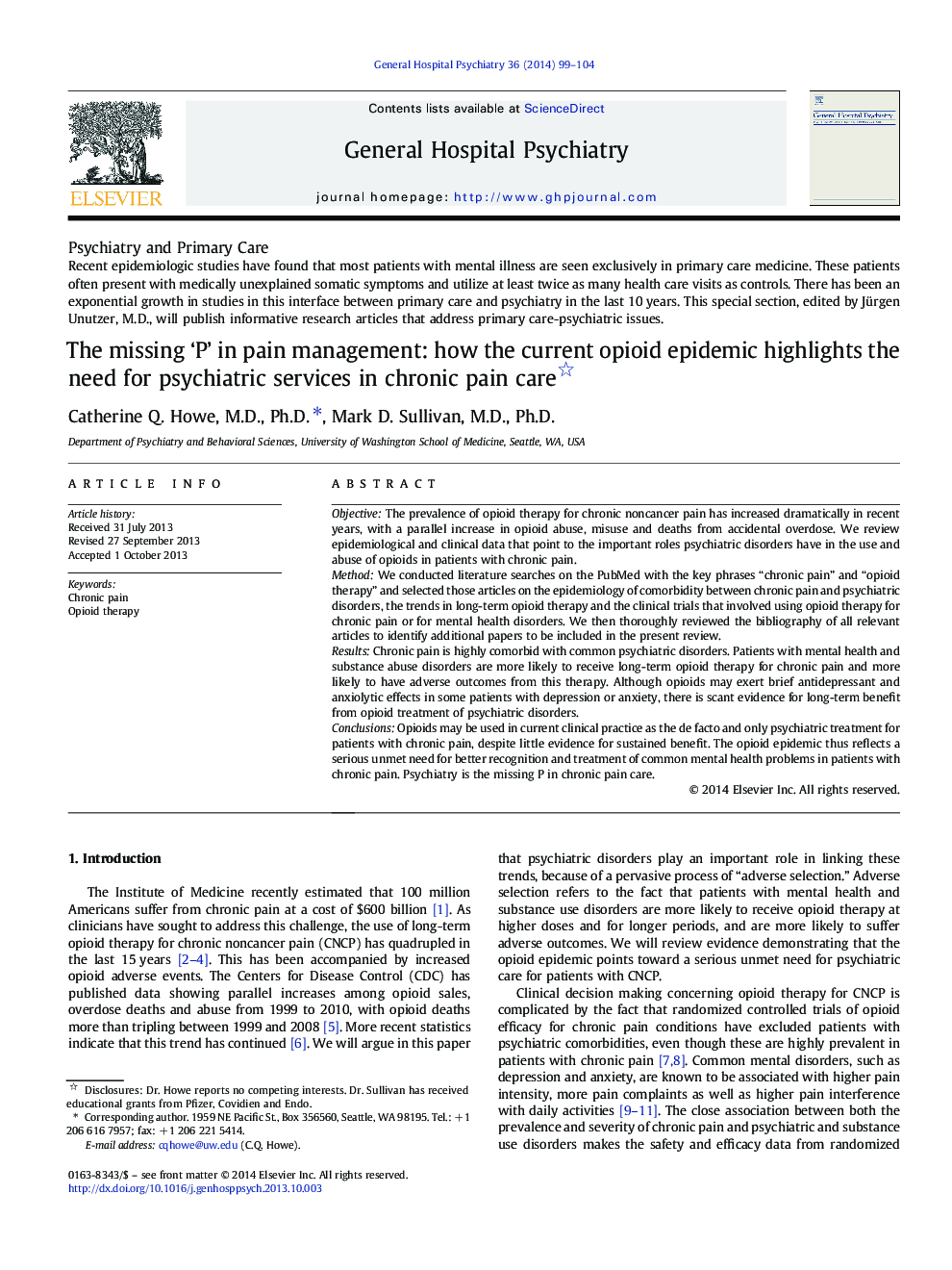 The missing 'P' in pain management: how the current opioid epidemic highlights the need for psychiatric services in chronic pain care