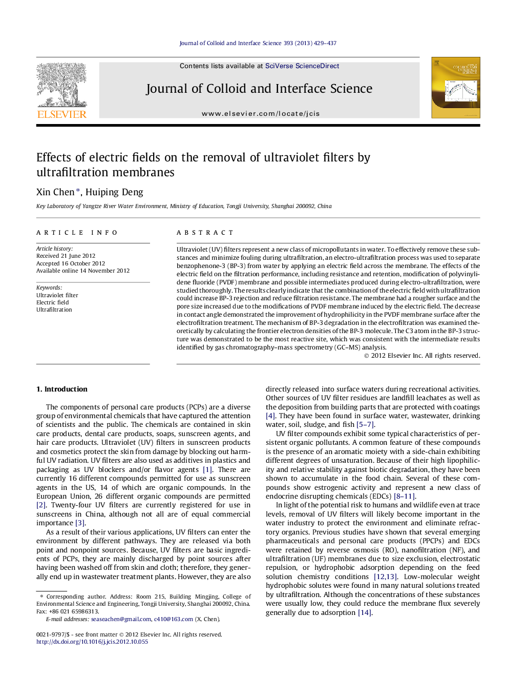 Effects of electric fields on the removal of ultraviolet filters by ultrafiltration membranes