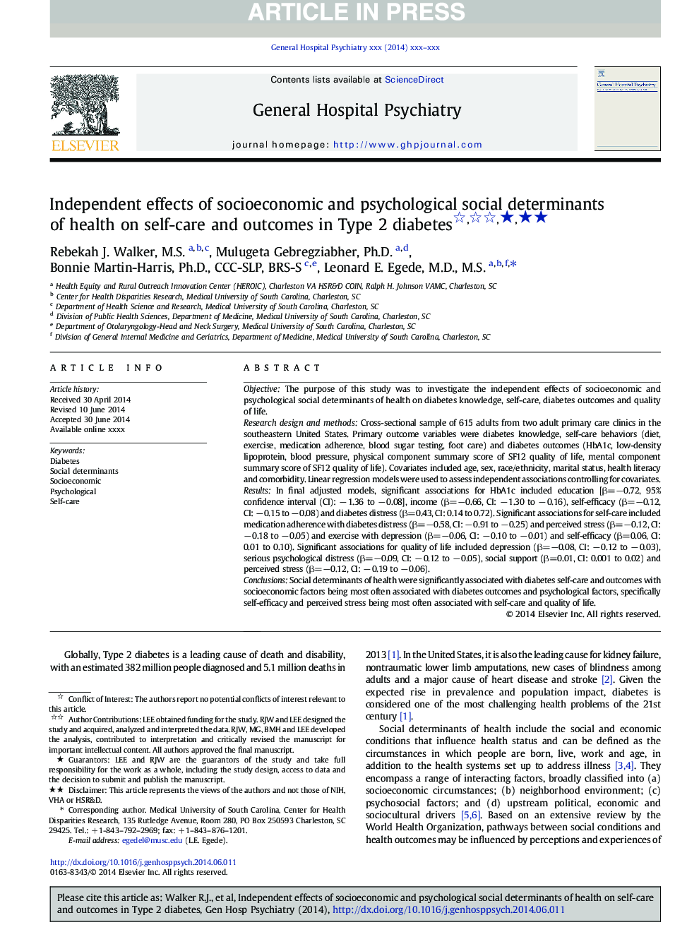 Independent effects of socioeconomic and psychological social determinants of health on self-care and outcomes in Type 2 diabetes