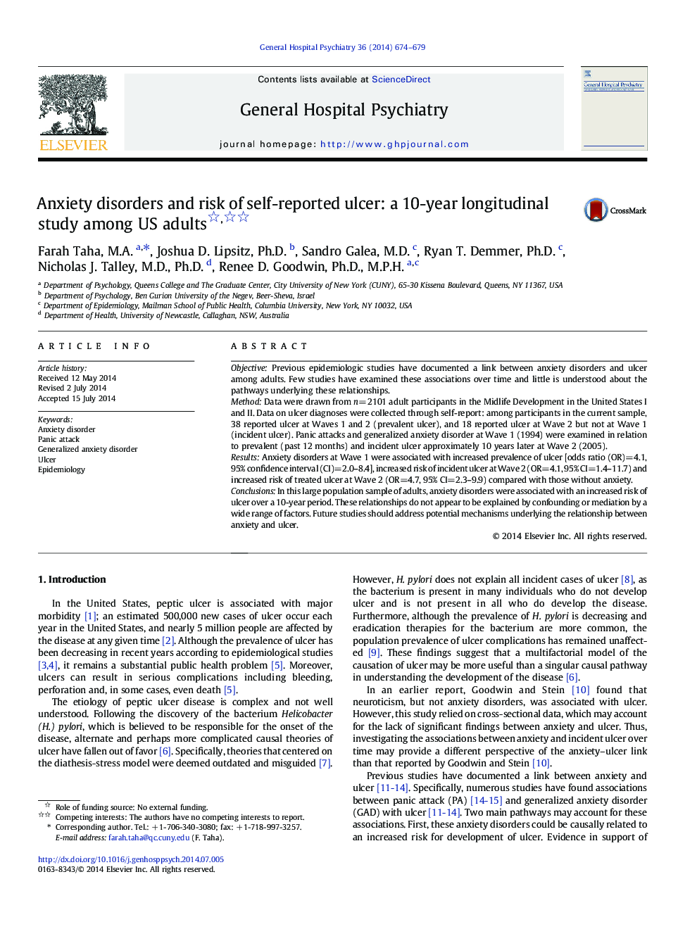 Anxiety disorders and risk of self-reported ulcer: a 10-year longitudinal study among US adults