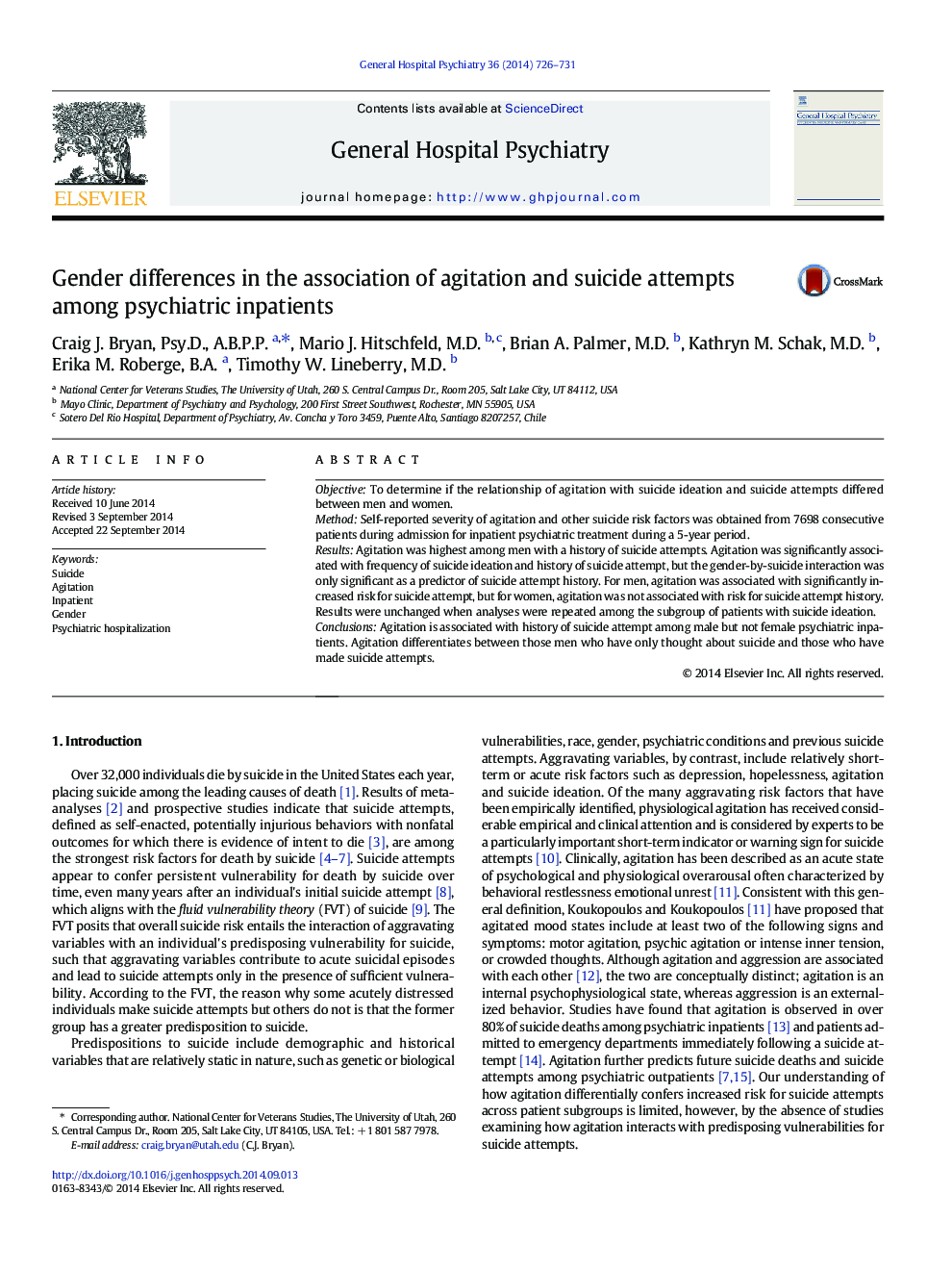 Emergency Psychiatry in the General HospitalGender differences in the association of agitation and suicide attempts among psychiatric inpatients