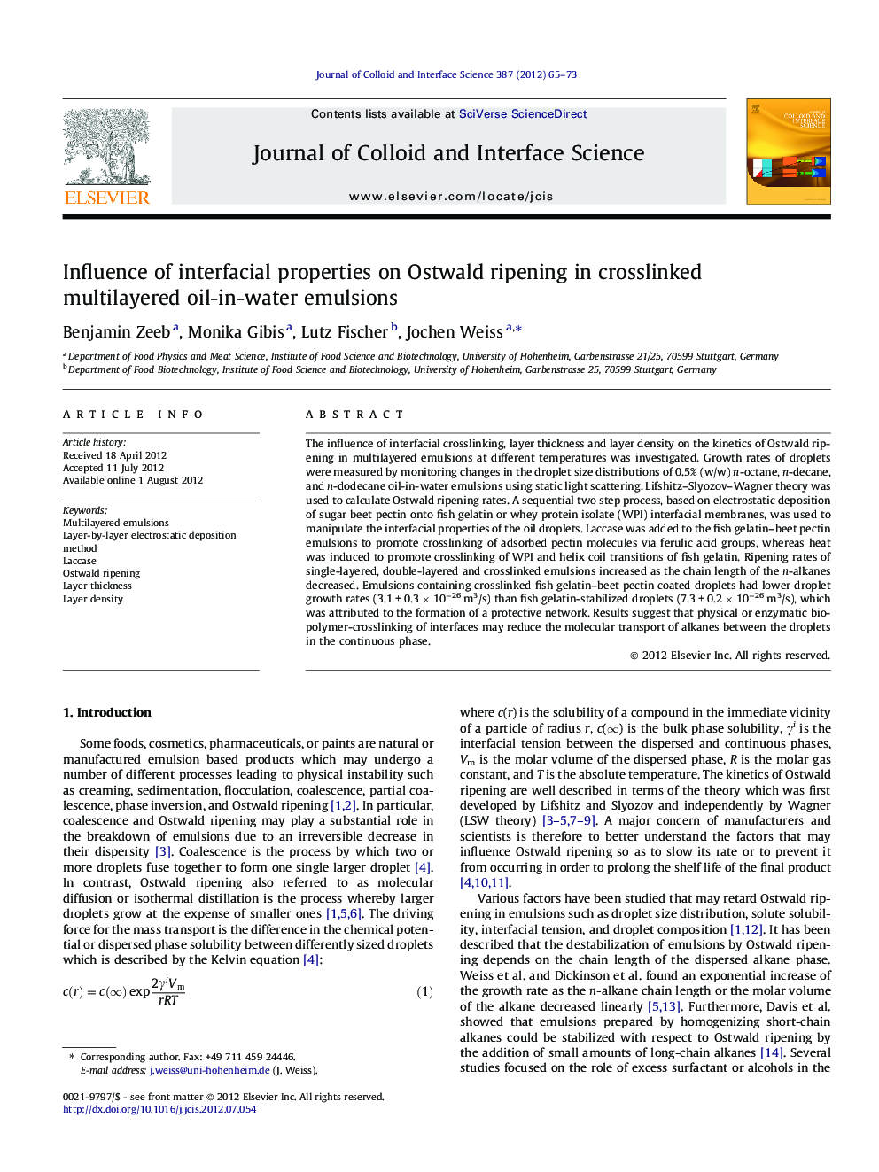 Influence of interfacial properties on Ostwald ripening in crosslinked multilayered oil-in-water emulsions