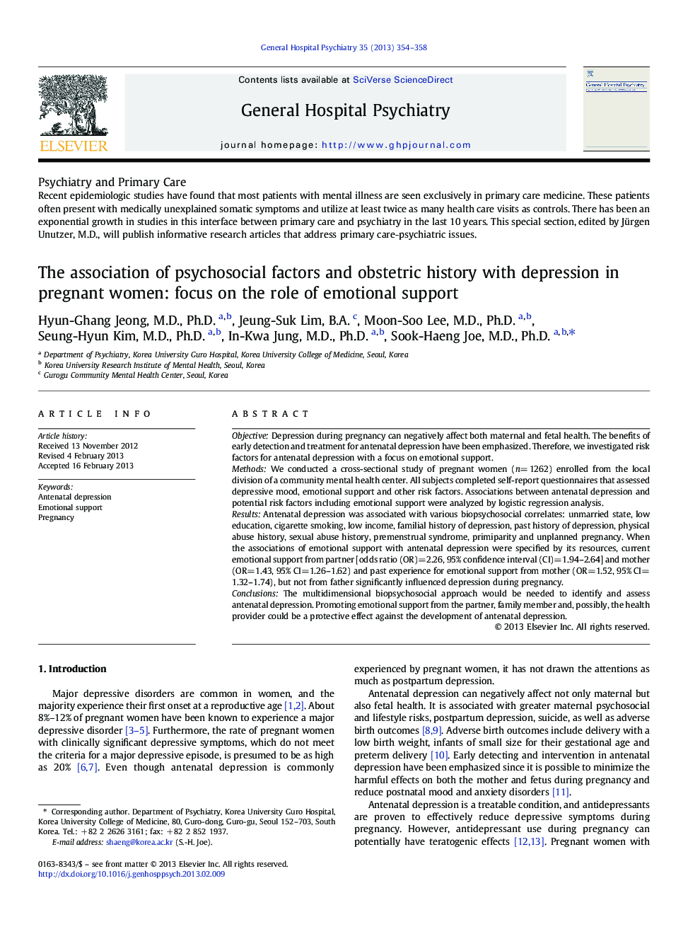Psychiatry and Primary Care1The association of psychosocial factors and obstetric history with depression in pregnant women: focus on the role of emotional support