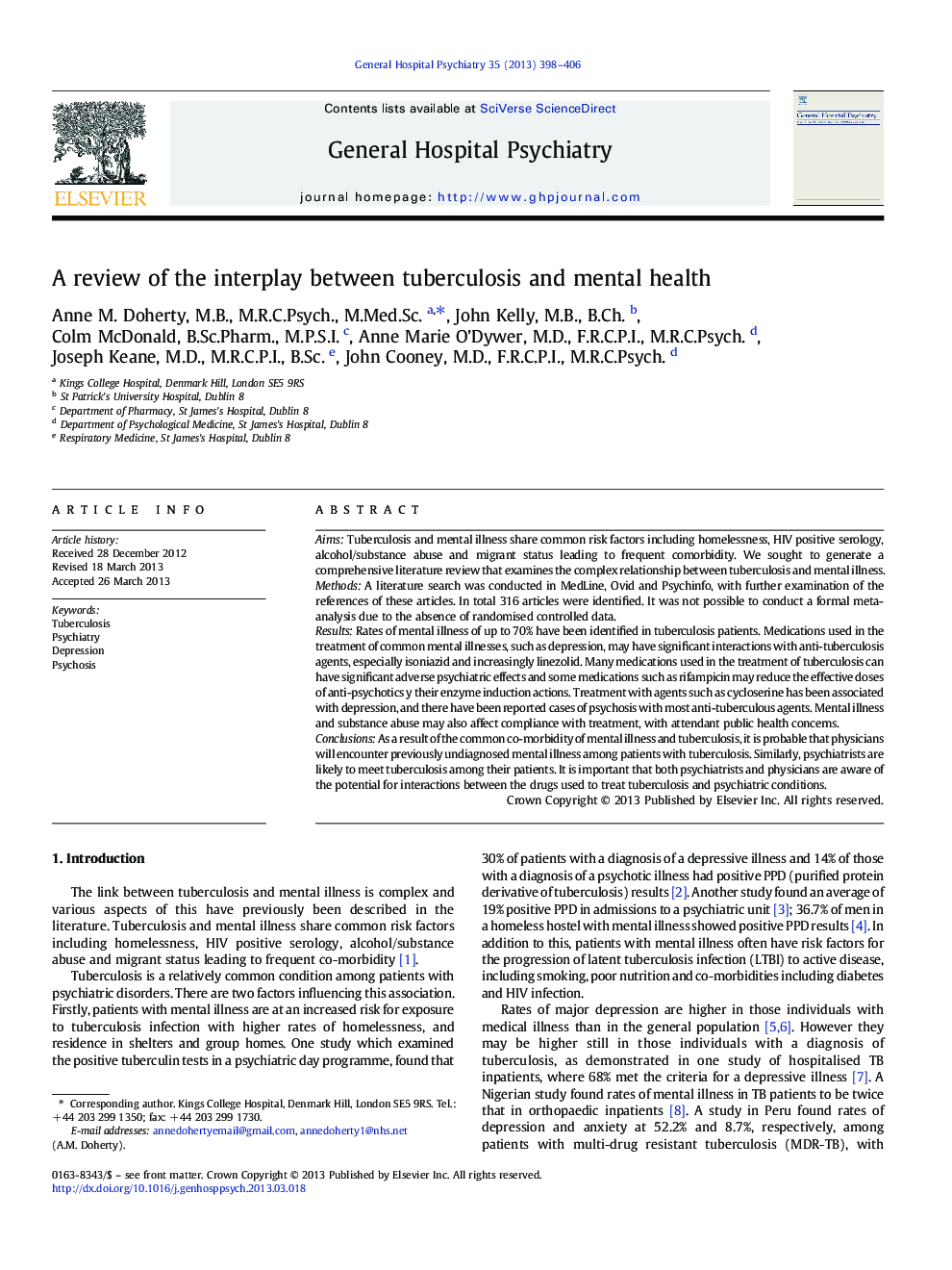 Psychiatric-Medical ComorbidityA review of the interplay between tuberculosis and mental health