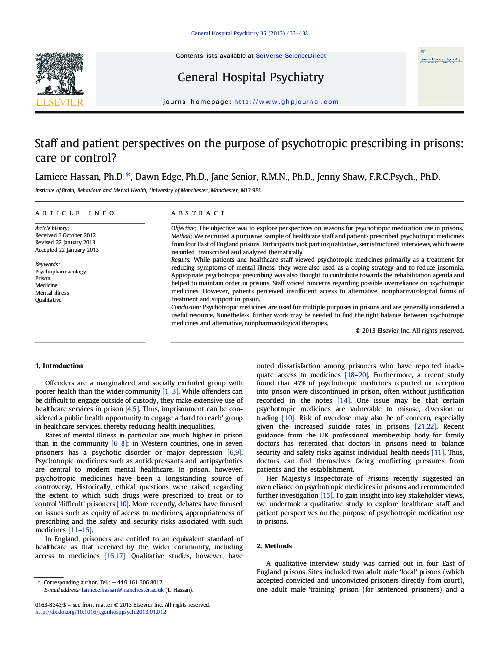 Staff and patient perspectives on the purpose of psychotropic prescribing in prisons: care or control?