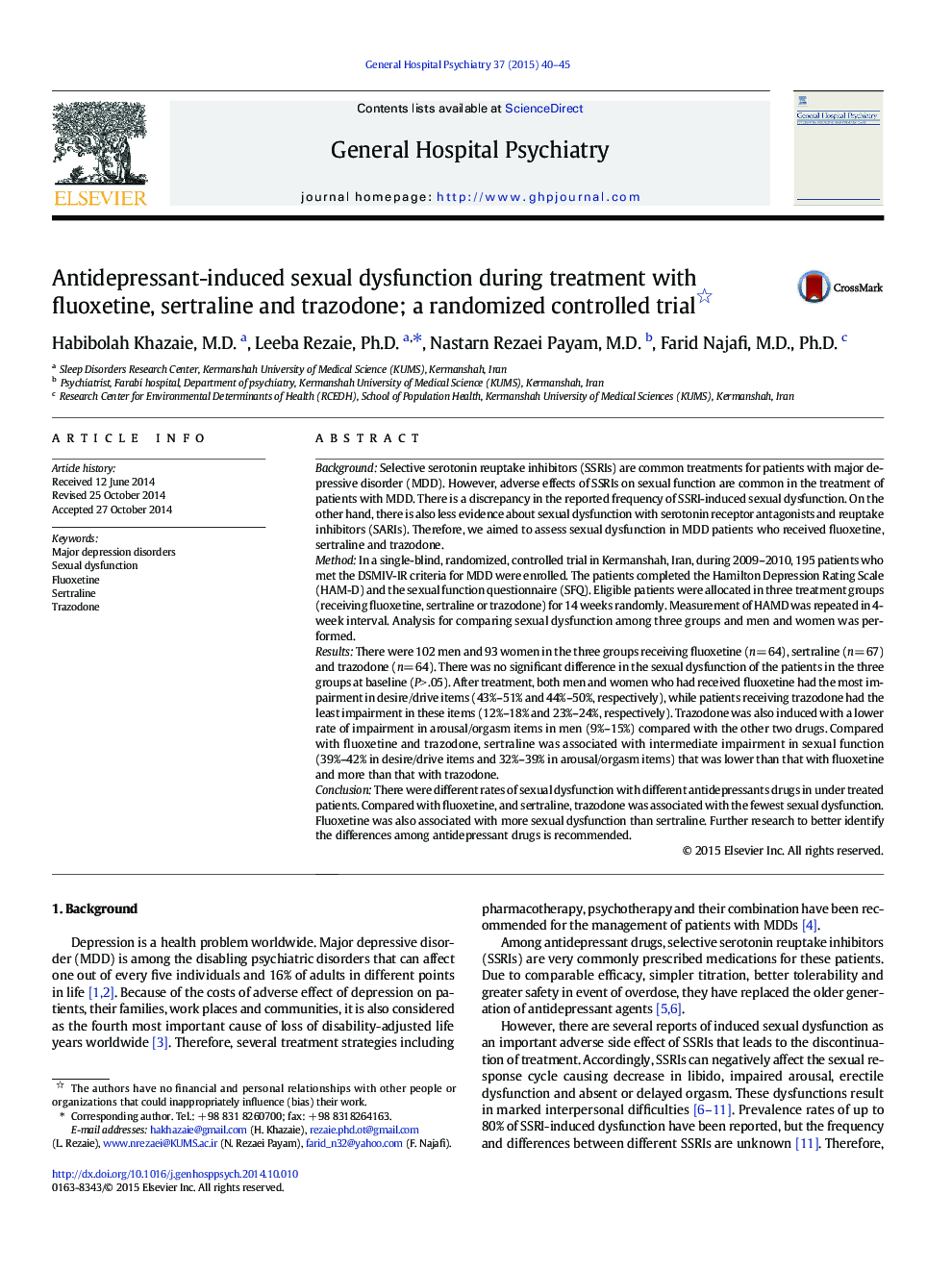 Antidepressant-induced sexual dysfunction during treatment with fluoxetine, sertraline and trazodone; a randomized controlled trial