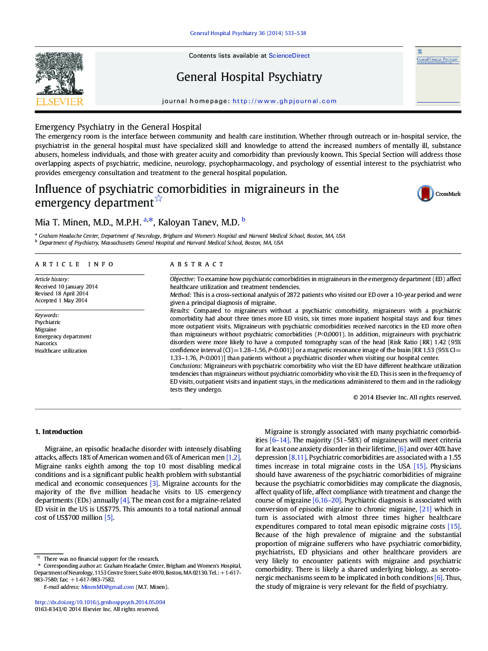 Emergency Psychiatry in the General Hospital1Influence of psychiatric comorbidities in migraineurs in the emergency department