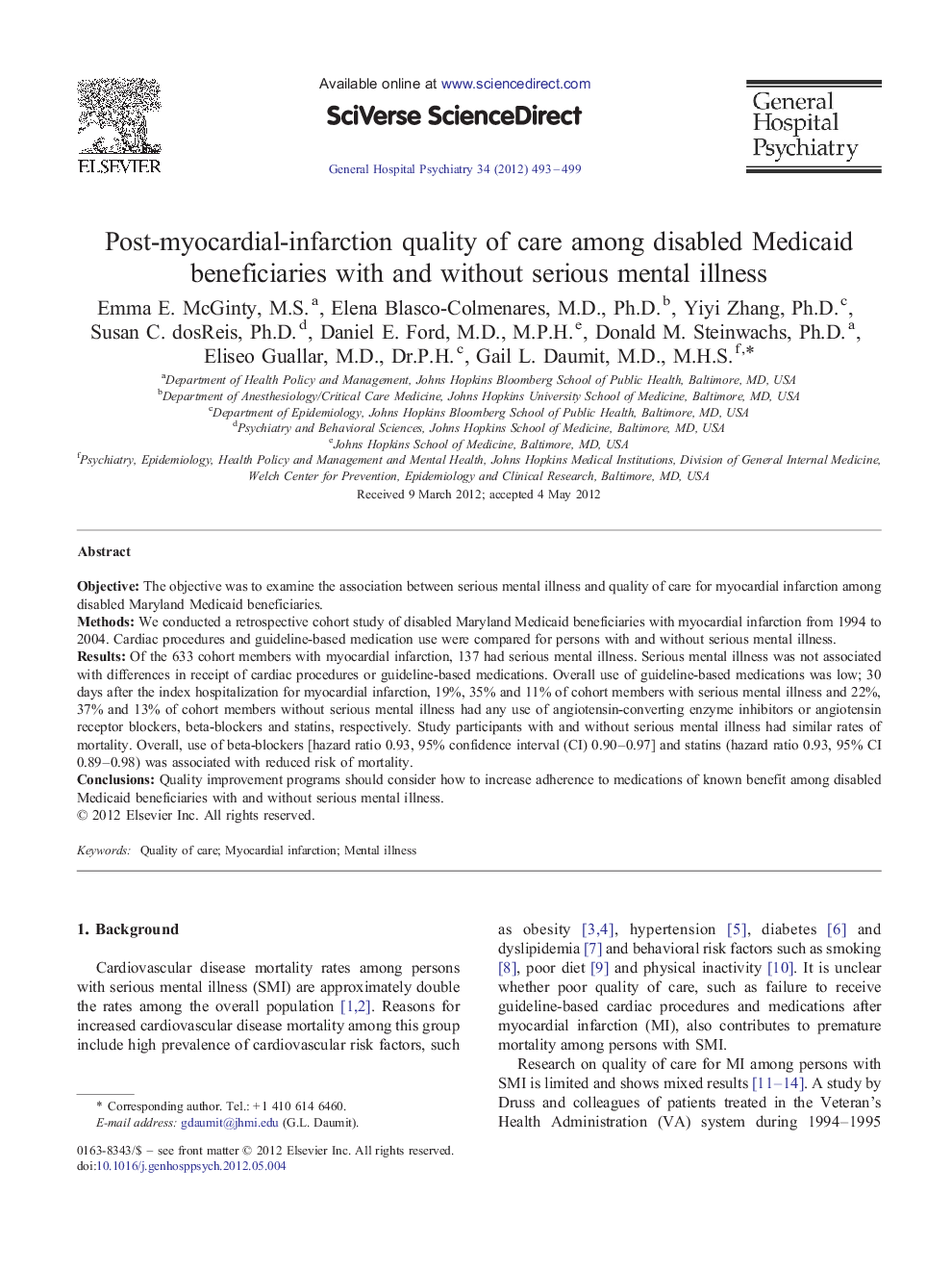 Psychiatric-Medical ComorbidityPost-myocardial-infarction quality of care among disabled Medicaid beneficiaries with and without serious mental illness