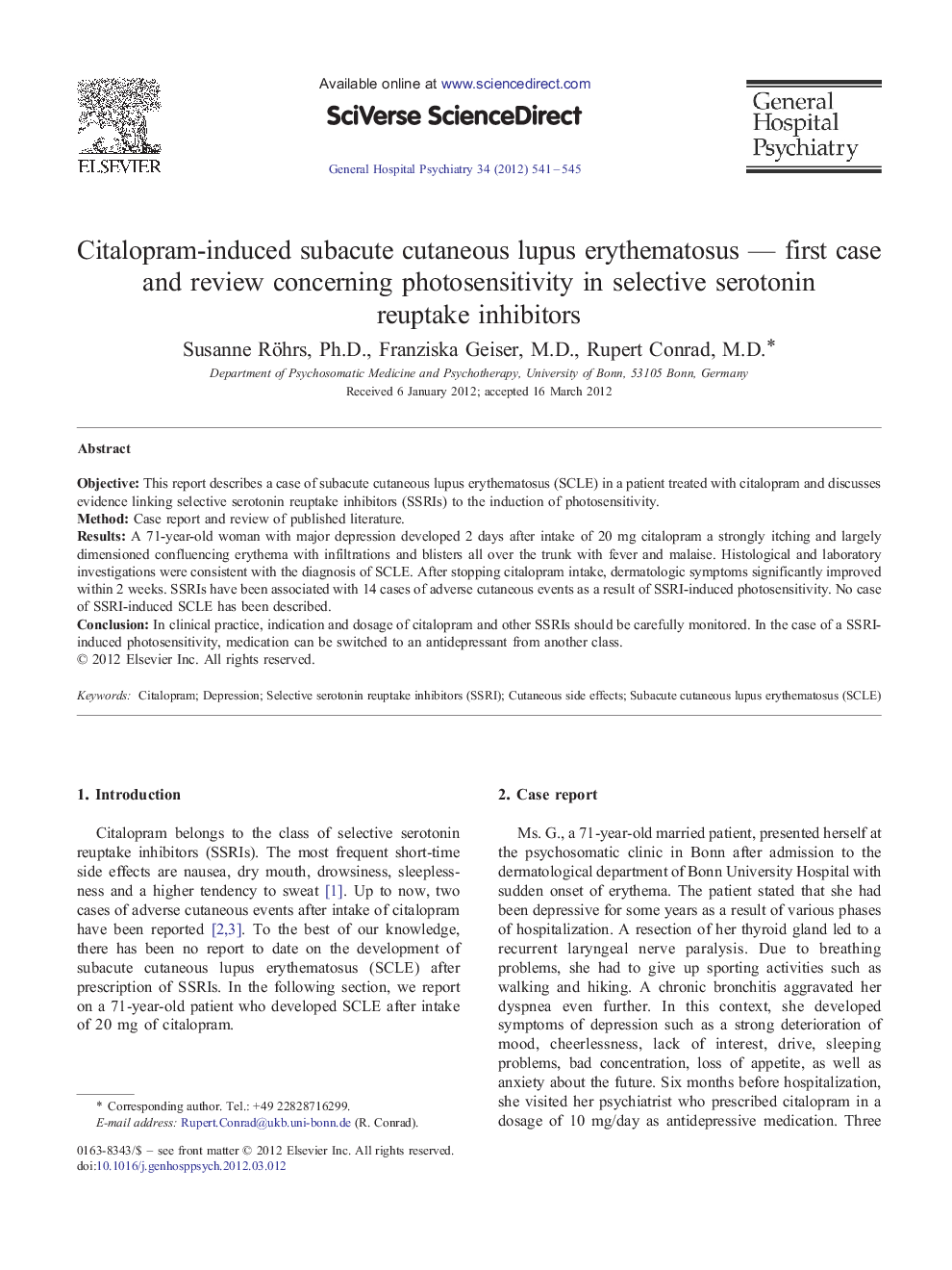 عکس صفحه اول مقاله: Psychiatric-Medical ComorbidityCitalopram-induced subacute cutaneous lupus erythematosus - first case and review concerning photosensitivity in selective serotonin reuptake inhibitors Psychiatric-Medical ComorbidityCitalopram-induced subacute cutaneous lupus erythematosus - first case and review concerning photosensitivity in selective serotonin reuptake inhibitors