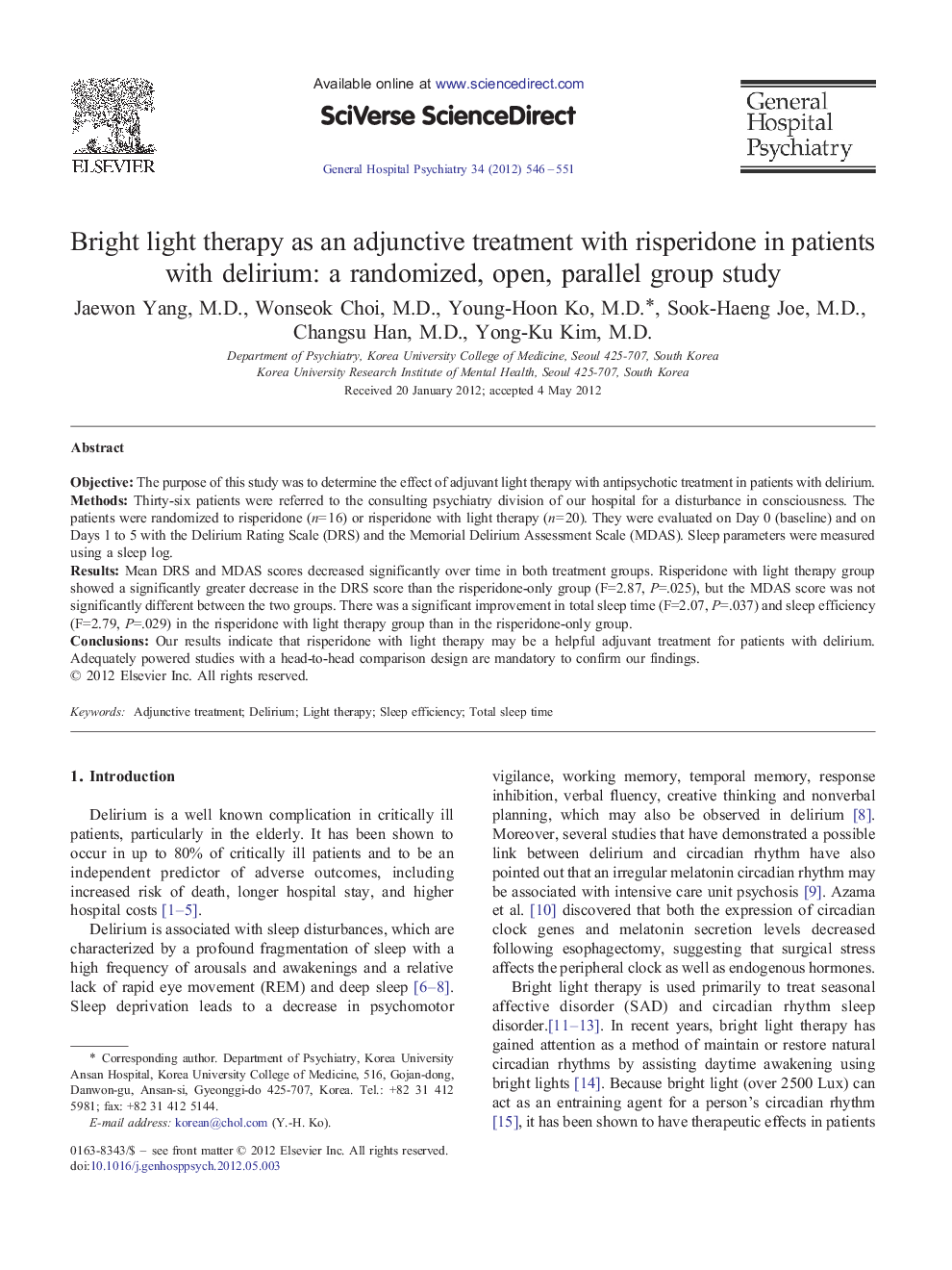 Psychiatric-Medical ComorbidityBright light therapy as an adjunctive treatment with risperidone in patients with delirium: a randomized, open, parallel group study