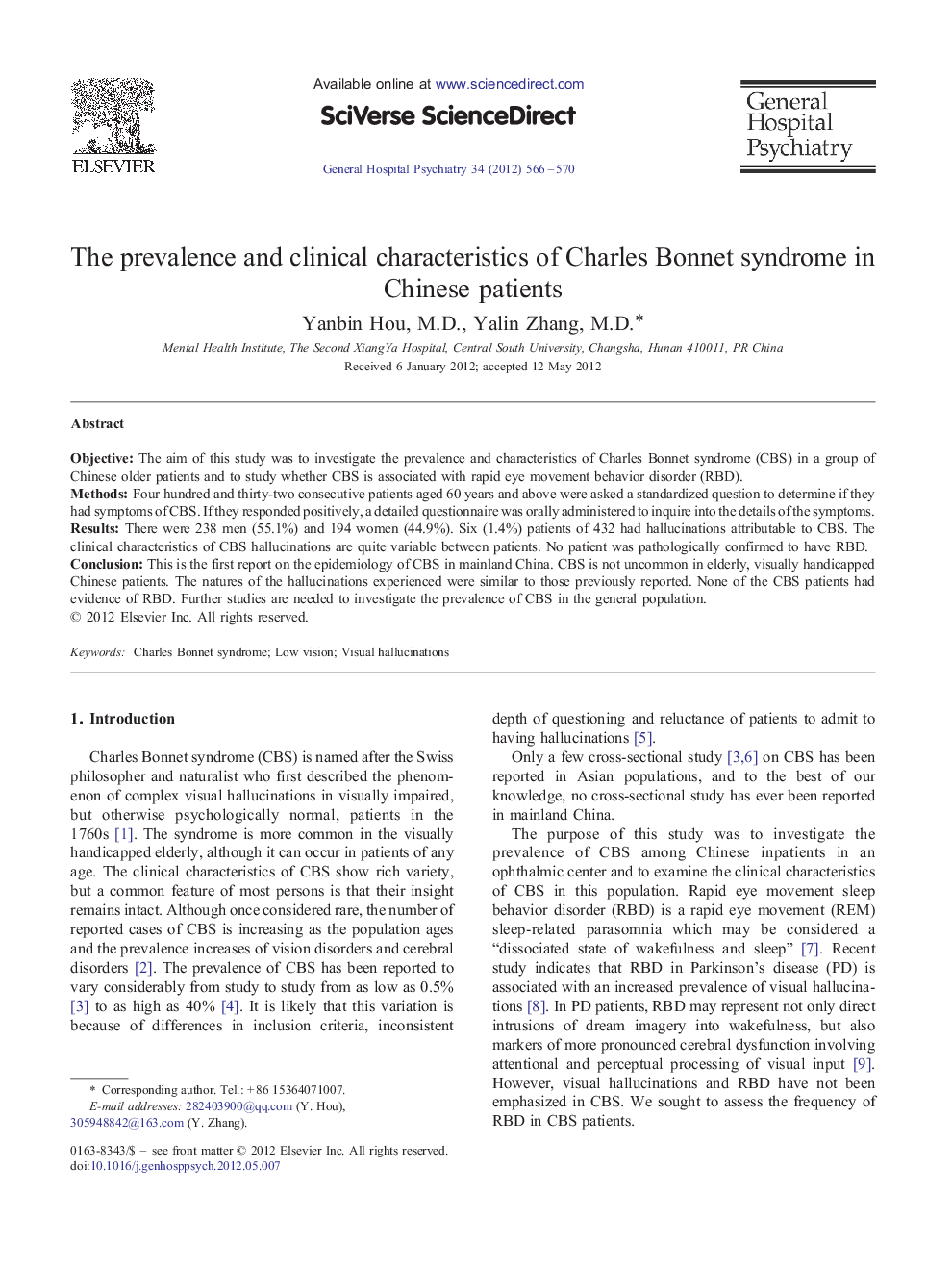 The prevalence and clinical characteristics of Charles Bonnet syndrome in Chinese patients