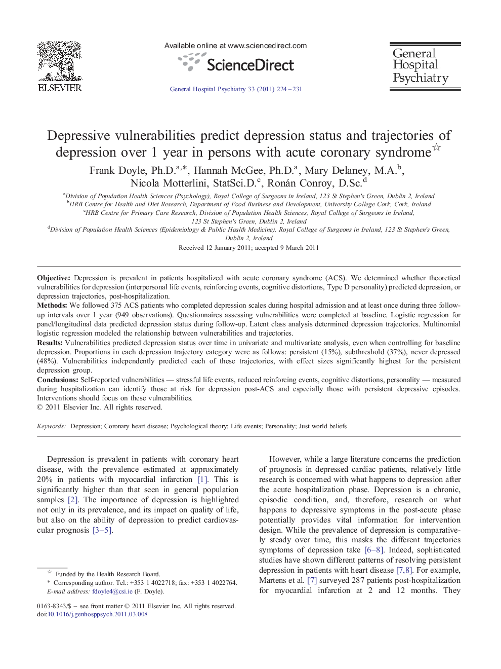 Psychiatric-Medical ComorbidityDepressive vulnerabilities predict depression status and trajectories of depression over 1 year in persons with acute coronary syndrome