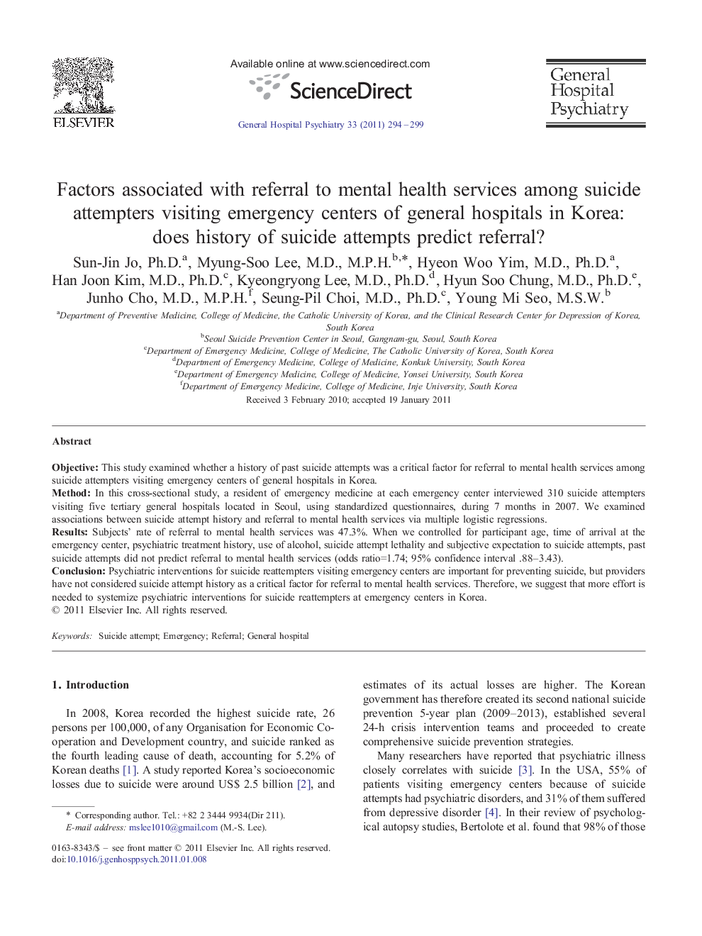 عکس صفحه اول مقاله: Factors associated with referral to mental health services among suicide attempters visiting emergency centers of general hospitals in Korea: does history of suicide attempts predict referral? Factors associated with referral to mental health services among suicide attempters visiting emergency centers of general hospitals in Korea: does history of suicide attempts predict referral?