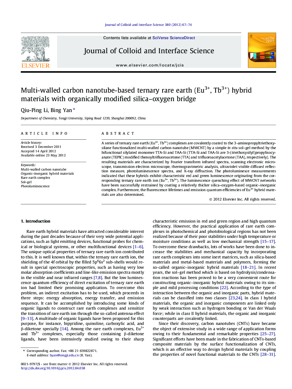 Multi-walled carbon nanotube-based ternary rare earth (Eu3+, Tb3+) hybrid materials with organically modified silica–oxygen bridge