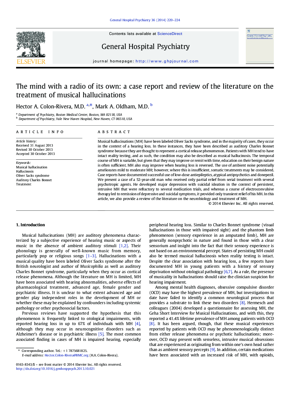 The mind with a radio of its own: a case report and review of the literature on the treatment of musical hallucinations