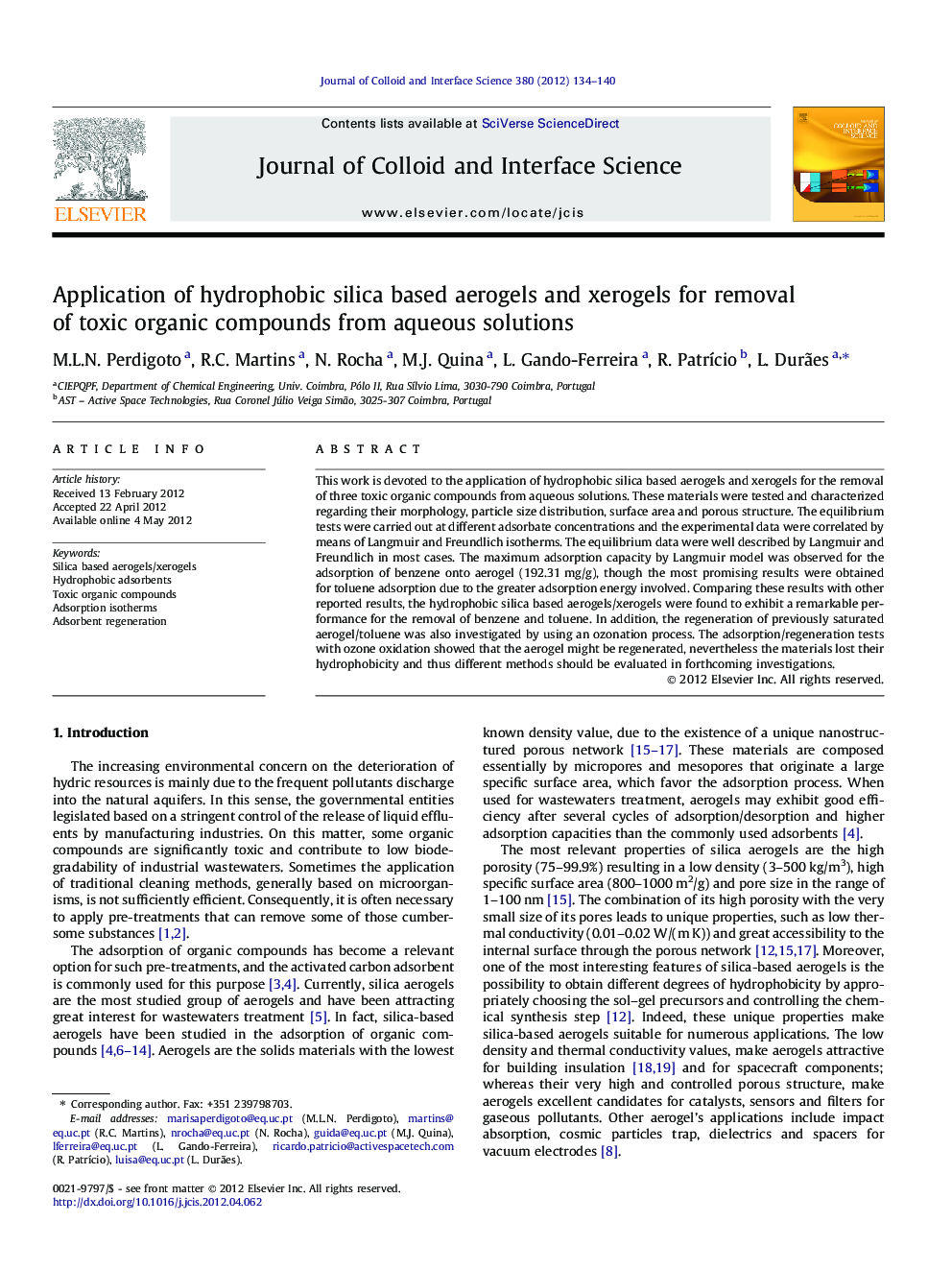 Application of hydrophobic silica based aerogels and xerogels for removal of toxic organic compounds from aqueous solutions