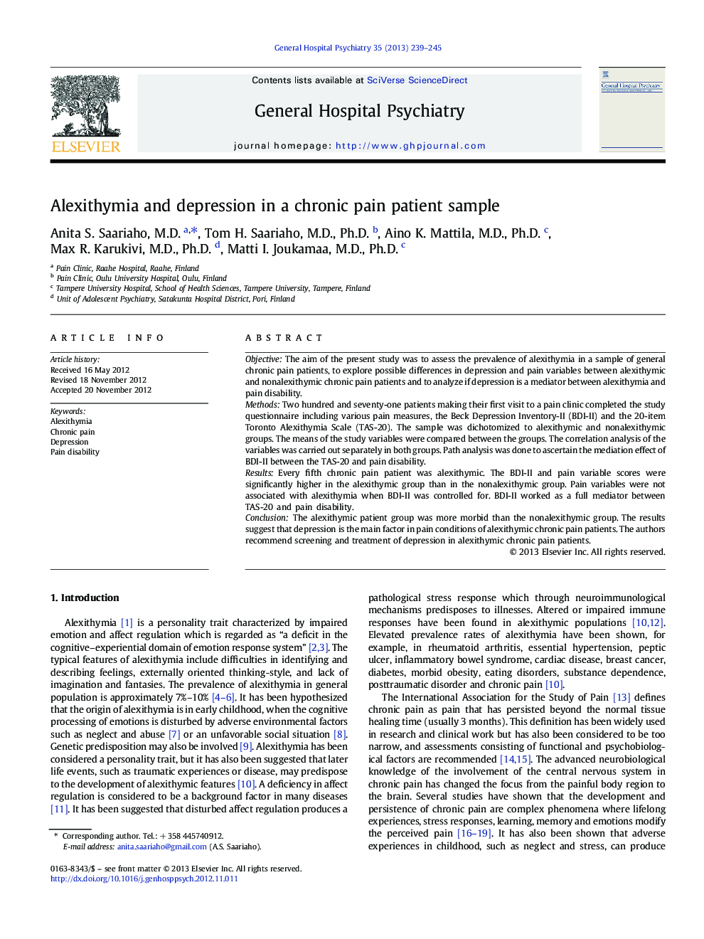 Psychiatric-Medical ComorbidityAlexithymia and depression in a chronic pain patient sample