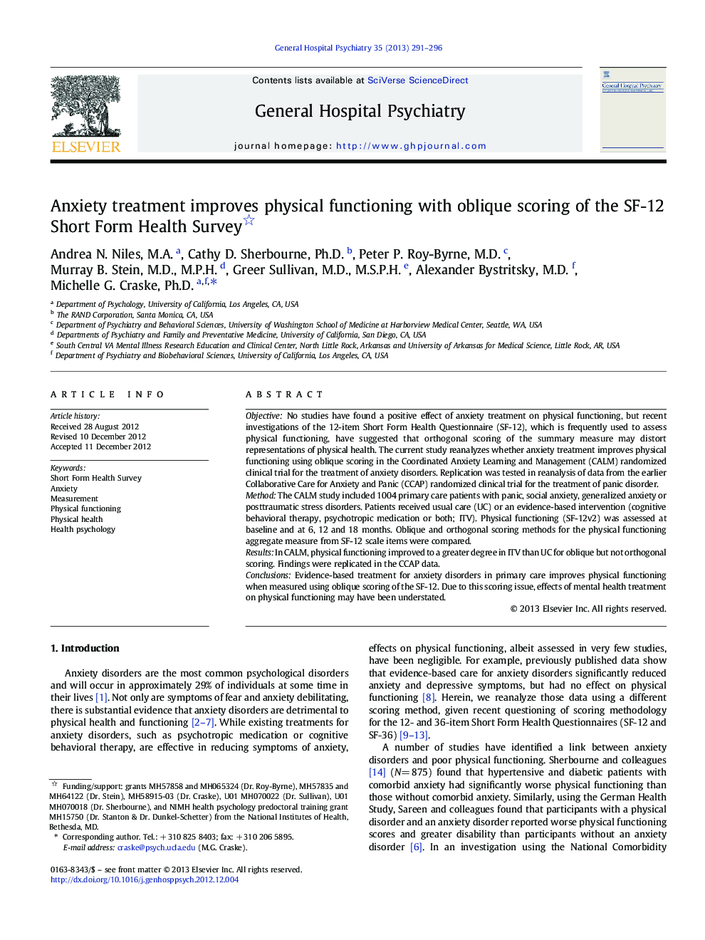 Psychiatry and Primary CareAnxiety treatment improves physical functioning with oblique scoring of the SF-12 Short Form Health Survey