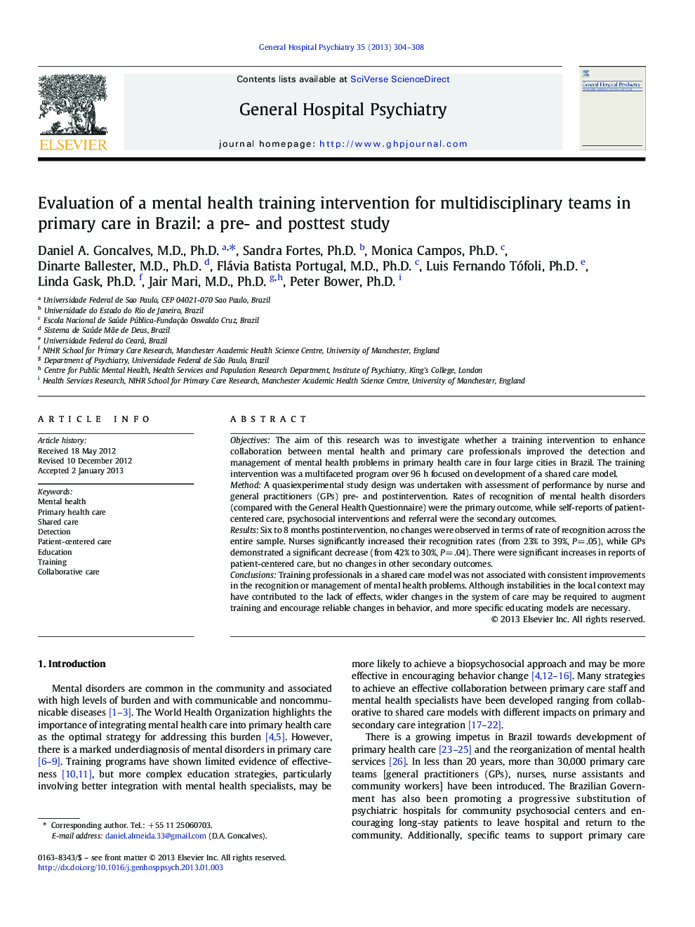 Evaluation of a mental health training intervention for multidisciplinary teams in primary care in Brazil: a pre- and posttest study